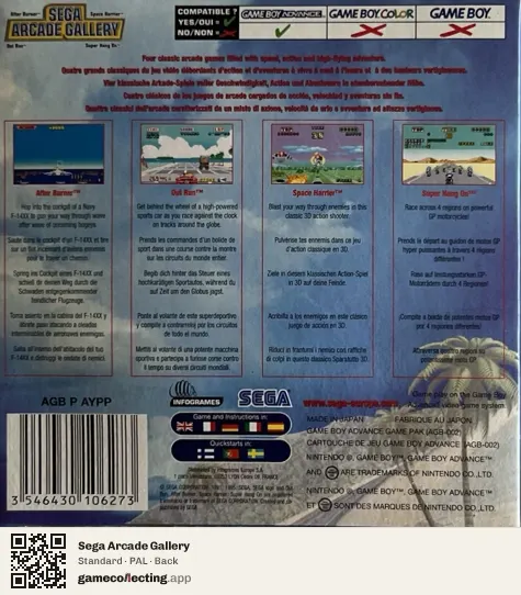 Sega Arcade Gallery Game Boy Advance, PAL box back