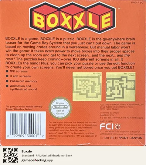 Boxxle Game Boy, United Kingdom box back