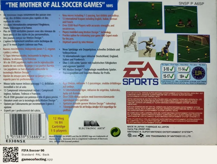 FIFA Soccer 96 Super Nintendo Entertainment System, PAL box back