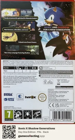 Sonic X Shadow Generations Nintendo Switch 2, PAL box back