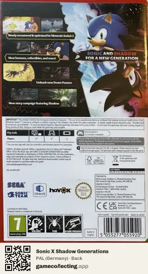 Sonic X Shadow Generations Nintendo Switch 2, Germany box back