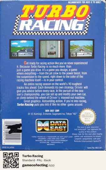 Turbo Racing Nintendo Entertainment System, PAL box back