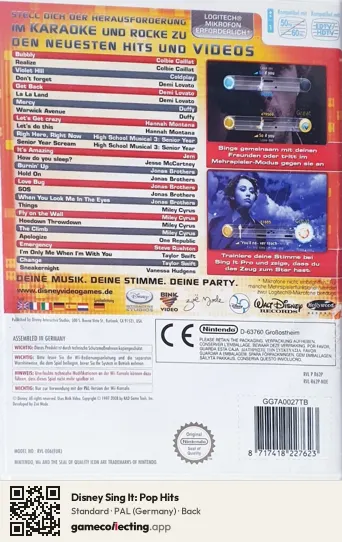 Disney Sing It: Pop Hits Nintendo Wii, Germany box back