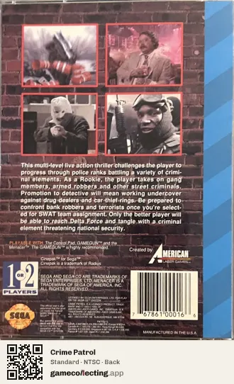 Crime Patrol Sega Mega-CD / Sega CD, NTSC box back