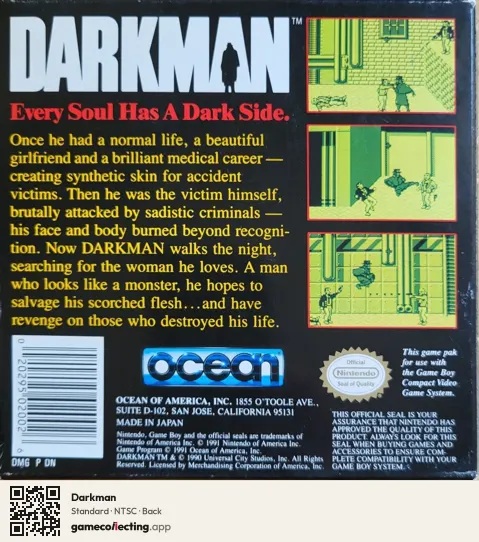 Darkman Game Boy, NTSC box back