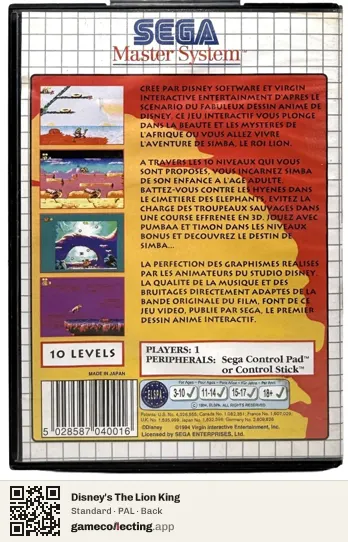 Disney's The Lion King Sega Master System, PAL box back