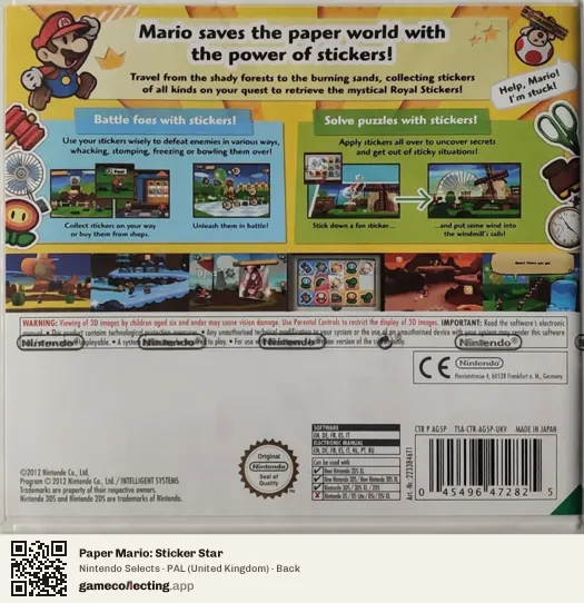 Paper Mario: Sticker Star Nintendo 3DS, United Kingdom box back
