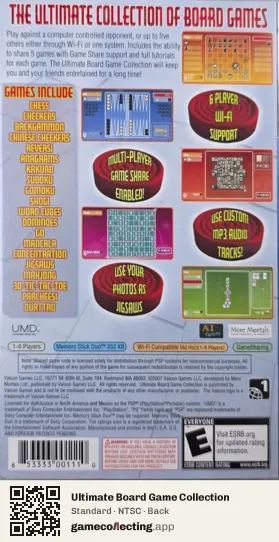 Ultimate Board Game Collection PlayStation Portable, NTSC box back