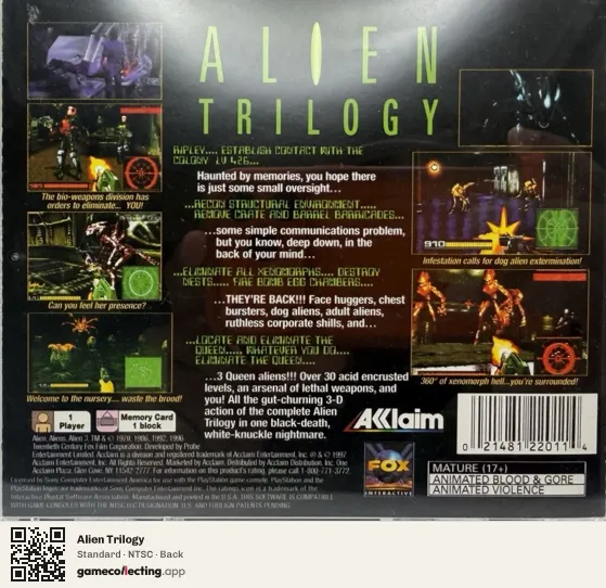 Alien Trilogy PlayStation, NTSC box back