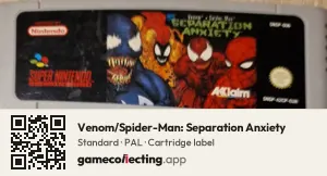 Venom/Spider-Man: Separation Anxiety Super Nintendo Entertainment System, PAL cartridge label