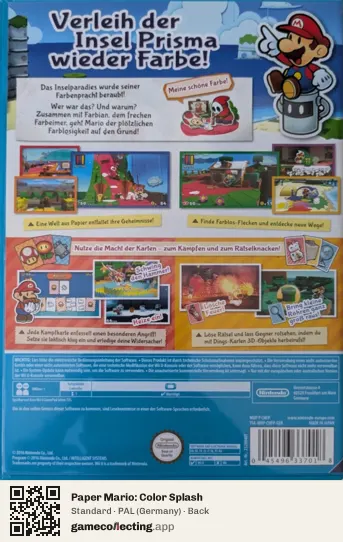 Paper Mario: Color Splash Nintendo Wii U, Germany box back
