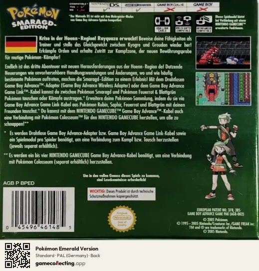 Pokémon Emerald Version Game Boy Advance, Germany box back