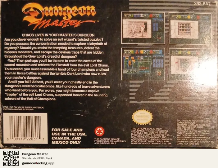 Dungeon Master Super Nintendo Entertainment System, NTSC box back