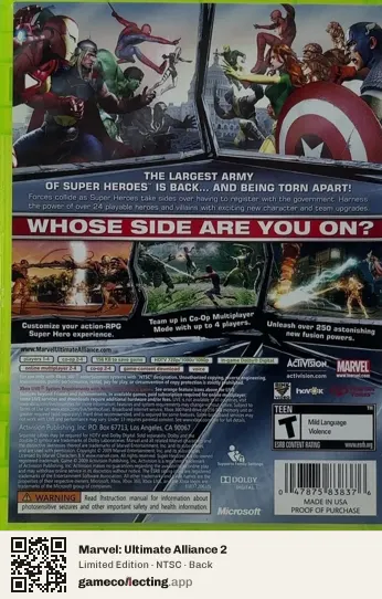 Marvel: Ultimate Alliance 2 Xbox 360, NTSC box back