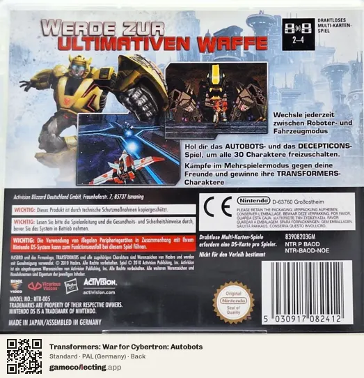 Transformers: War for Cybertron: Autobots Nintendo DS, Germany box back