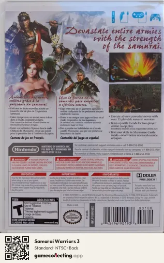 Samurai Warriors 3 Nintendo Wii, NTSC box back