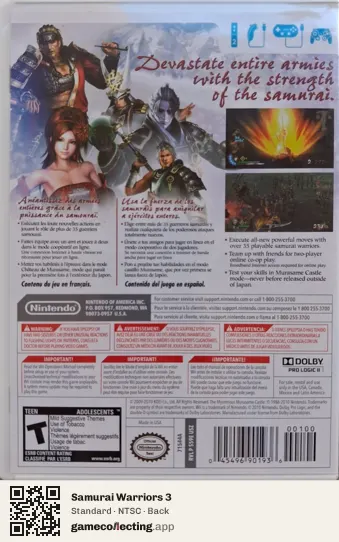 Samurai Warriors 3 Nintendo Wii, NTSC box back