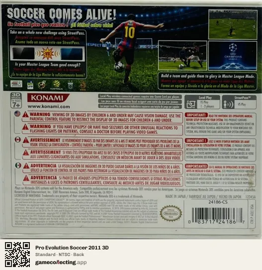 Pro Evolution Soccer 2011 3D Nintendo 3DS, NTSC box back