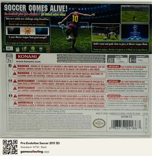 Pro Evolution Soccer 2011 3D Nintendo 3DS, NTSC box back