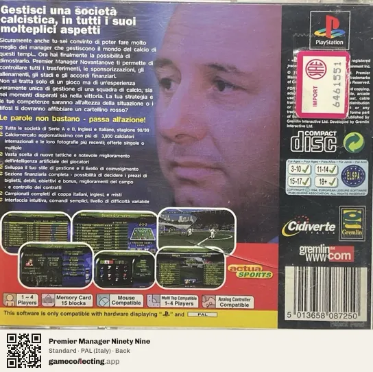 Premier Manager Ninety Nine PlayStation, Italy box back