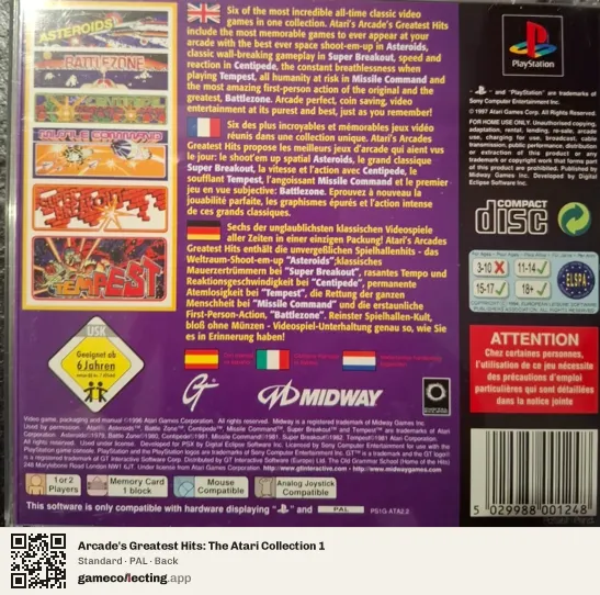 Arcade's Greatest Hits: The Atari Collection 1 PlayStation, PAL box back