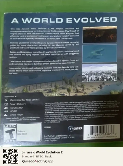 Jurassic World Evolution 2 Xbox Series X, NTSC box back