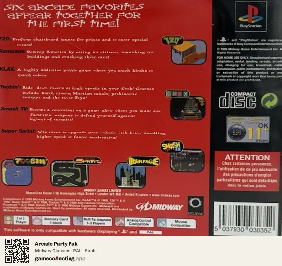 Arcade Party Pak PlayStation, PAL box back