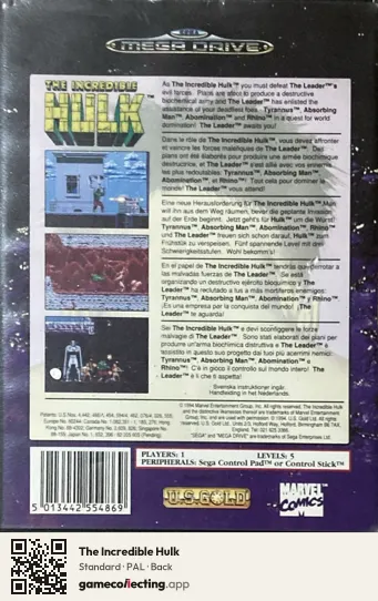 The Incredible Hulk Sega Mega Drive / Genesis, PAL box back