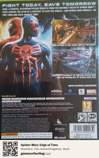 Spider-Man: Edge of Time Xbox 360, United Kingdom box back