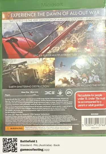 Battlefield 1 Xbox One, Australia box back