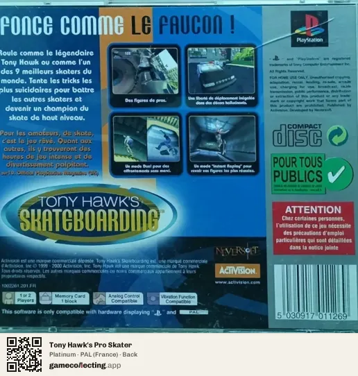 Tony Hawk's Pro Skater PlayStation, France box back