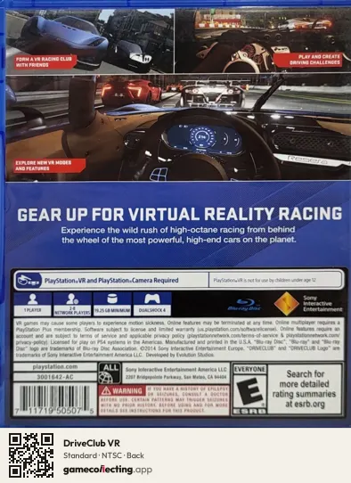 DriveClub VR PlayStation 4, NTSC box back