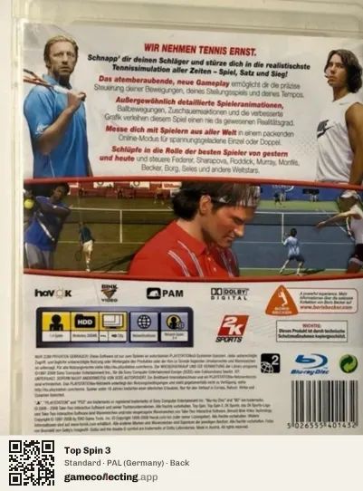 Top Spin 3 PlayStation 3, Germany box back