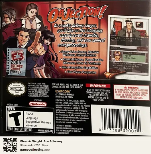 Phoenix Wright: Ace Attorney Nintendo DS, NTSC box back