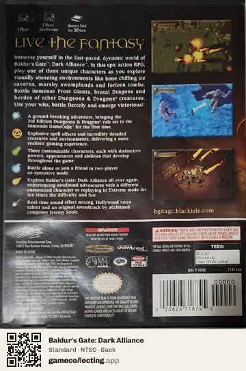 Baldur's Gate: Dark Alliance Nintendo GameCube, NTSC box back