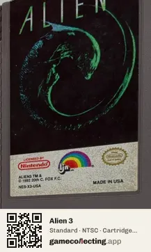 Alien 3 Nintendo Entertainment System, NTSC cartridge label