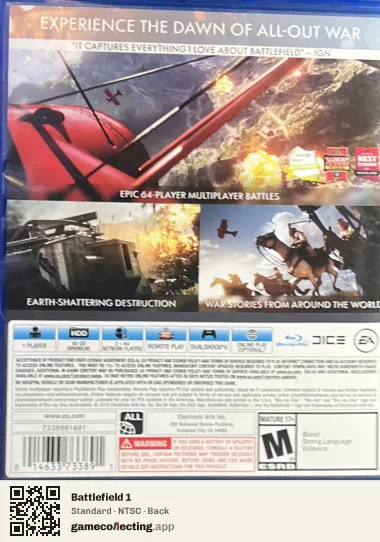 Battlefield 1 PlayStation 4, NTSC box back