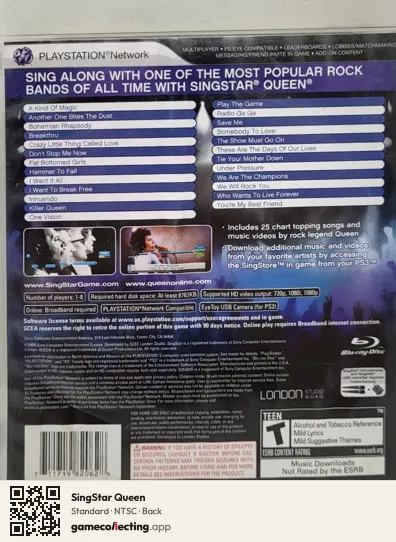 SingStar Queen PlayStation 3, NTSC box back