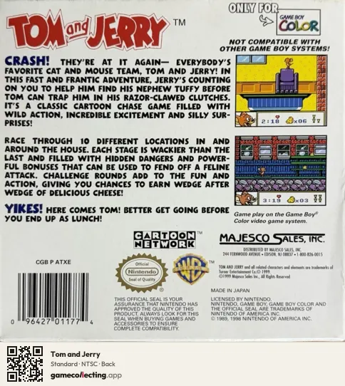 Tom and Jerry Game Boy Color, NTSC box back