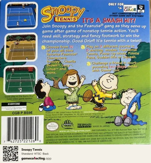 Snoopy Tennis Game Boy Color, NTSC box back