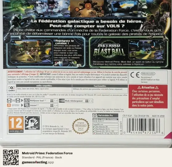 Metroid Prime: Federation Force Nintendo 3DS, France box back