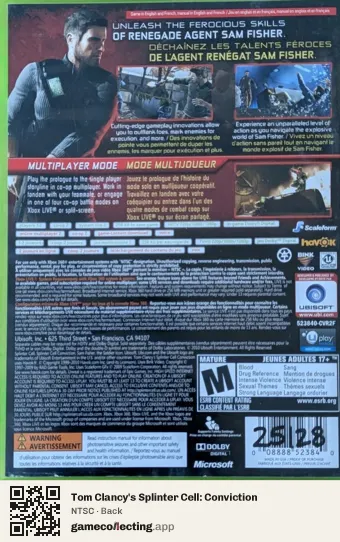 Tom Clancy's Splinter Cell: Conviction Xbox 360, NTSC box back