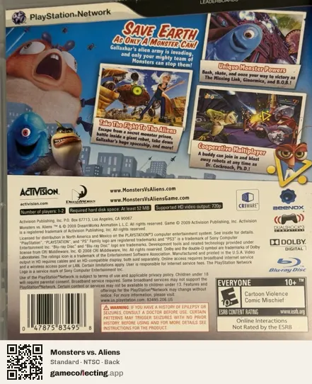 Monsters vs. Aliens PlayStation 3, NTSC box back