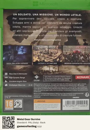 Metal Gear Survive Xbox One, Italy box back