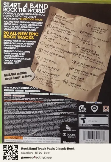 Rock Band Track Pack: Classic Rock Xbox 360, NTSC box back