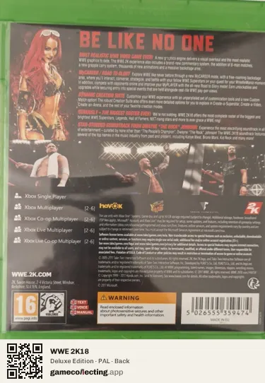 WWE 2K18 Xbox One, PAL box back
