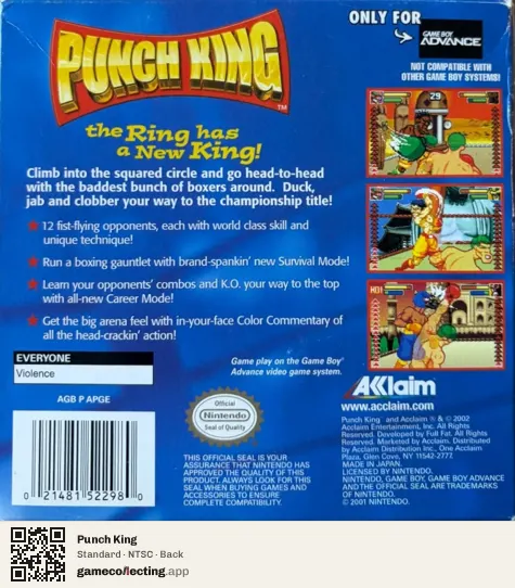 Punch King Game Boy Advance, NTSC box back