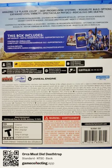 Orcs Must Die! Deathtrap PlayStation 5, NTSC box back