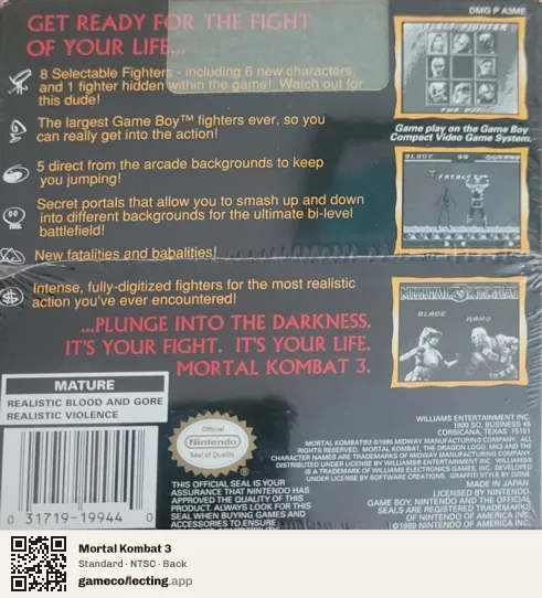 Mortal Kombat 3 Game Boy, NTSC box back