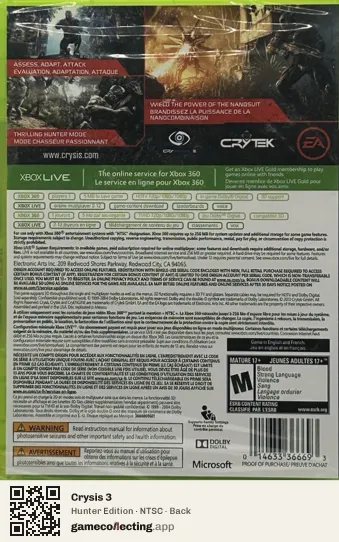 Crysis 3 Xbox 360, NTSC box back